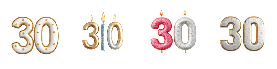 3D Birthday Candle Set with Numbers 30 Celebration Milestone Gold and Silver Isolated on White and Transparent Background