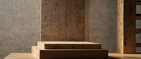 Minimal wood podium with with sunlight background. Minimal wooden stand for branding and packaging presentation
