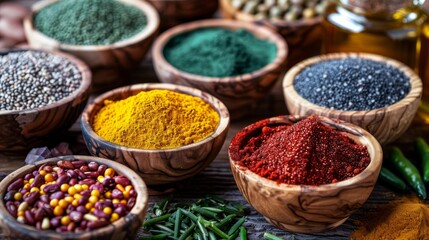 Fototapeta premium A Vibrant Array of Superfoods: Spices, Seeds, and Pulses for Healthy Living and Cuisine