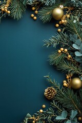 Elegant Christmas frame with gold baubles on blue