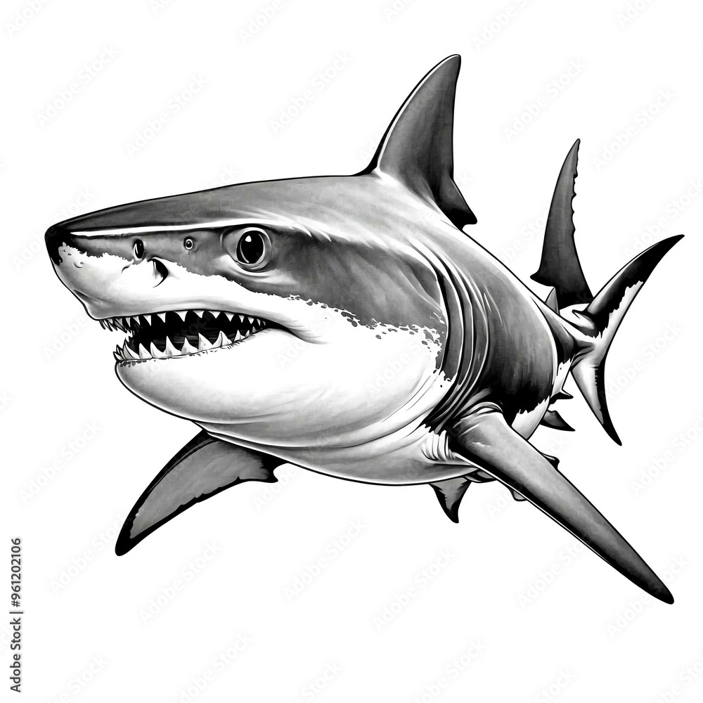 Wall mural shark head black and white sketch on plain white background