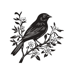 Bird silhouette on a branch with floral elements woodcut style birds logo design
