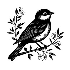 Bird silhouette on a branch with floral elements woodcut style birds logo design