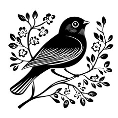 Bird silhouette on a branch with floral elements woodcut style birds logo design
