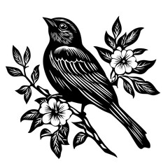 Bird silhouette on a branch with floral elements woodcut style birds logo design