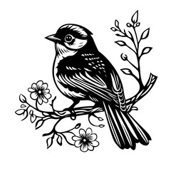 Bird silhouette on a branch with floral elements woodcut style birds logo design