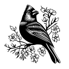 Bird silhouette on a branch with floral elements woodcut style birds logo design
