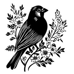 Bird silhouette on a branch with floral elements woodcut style birds logo design