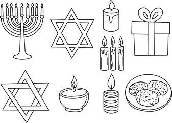 Black and white doodle outline illustration on the theme of Hanukkah with minimalist symbols. Includes a Menorah, Star of David, candles, a gift, and latkes. Can be used as a coloring page or for card