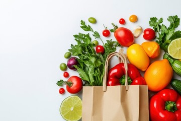 Healthy food background. Healthy food in paper bag vegetables and fruits on white. Food delivery, shopping food supermarket concept , ai