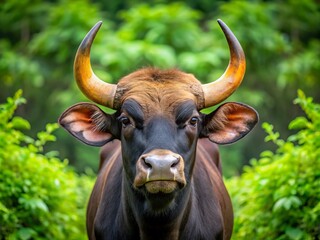 In the dense jungles, a magnificent gaur roams, its large horns and powerful build a testament to its dominance over the landscape.