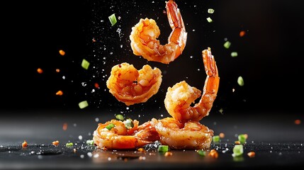 Delicious, cooked shrimp falling gracefully with vibrant spices and garnishes, perfect for food photography and culinary inspiration.