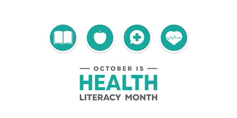 Health Literacy Month. Book, apple, message, plus icon and heart . Great for cards, banners, posters, social media and more. White background.