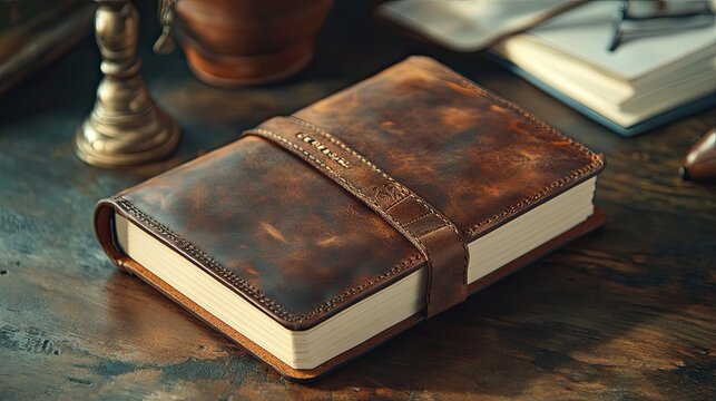Personalized leather-bound journal with name embossing, elegant stationery, 3D illustration