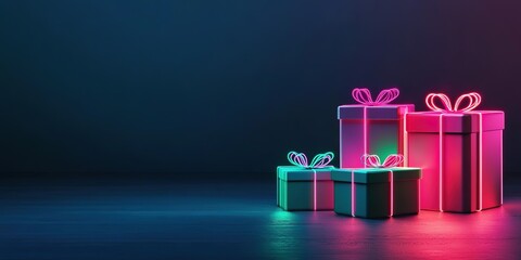 Neon glow gift boxes on dark backdrop.