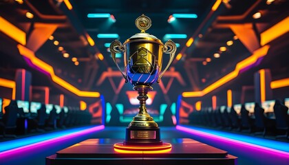 Esports championship arena showcasing winner trophy, competitive teams PCs, and vibrant neon lights...