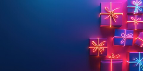 Neon glow gift boxes on dark backdrop, copy space