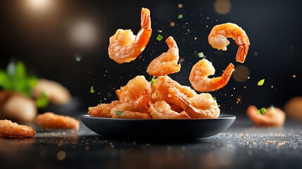 Crispy fried shrimp beautifully arranged on a black plate, with a sprinkle of seasoning and vibrant garnishes.