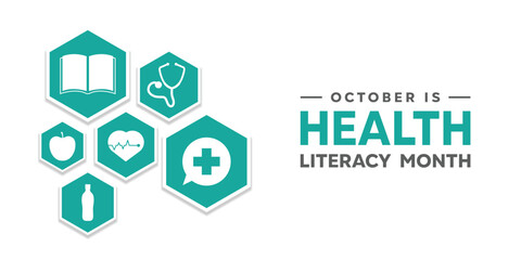 Health Literacy Month. Book, apple, message,stethoscope and more. Great for cards, banners, posters, social media and more. White background.