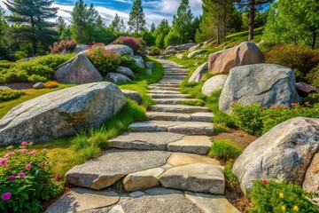 Granite stone pathways weave through rustic landscapes, connecting nature's beauty to intimate settings, evoking a sense of serenity and harmony with the outdoors.