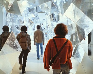 Reflective Journey People Walking Through a Mirror Tunnel with Distorted Reflections