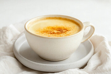 A white coffee cup with a brownish color and a sprinkle of cinnamon on top