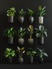 A stylish arrangement of indoor plants in various pots against a dark background.