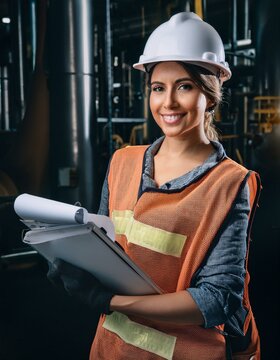 Mujer trabajando en la construcci&oacute;n en una obra con casco de seguridad y chaleco naranja apuntando datos en una libreta con un edificio en obras y maquinaria detr&aacute;s de ella, primer plano