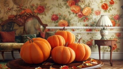 A cozy living room decorated for autumn, featuring pumpkins arranged on a wooden table, vintage furniture, and floral wallpaper. The scene exudes warmth and a festive seasonal spirit, perfect for the