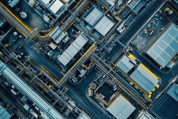 Fototapeta premium Aerial view of an industrial complex with buildings, roads, and pipelines.