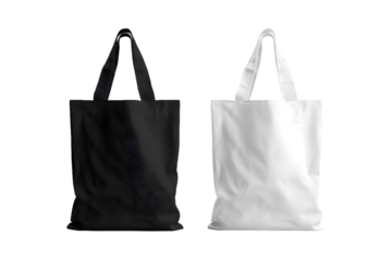 Two tote bags, one black and white isolated on transparent background mock up png