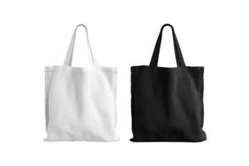 Two tote bags, one black and white isolated on transparent background mock up png