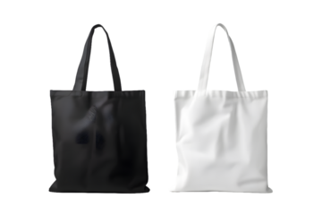 Two tote bags, one black and white isolated on transparent background mock up png