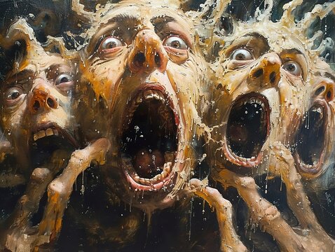 Four distorted human faces with open mouths and dripping liquid, with a dark background, creating a disturbing and surreal image.