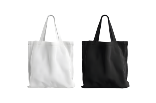 Two tote bags, one black and white isolated on transparent background mock up png
