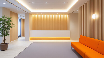 オレンジ色のソファーのある待合室・カウンター・受付