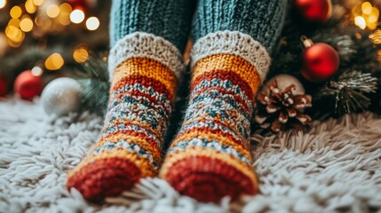 close-up of legs in bright knitted socks against a background of Christmas decorations.