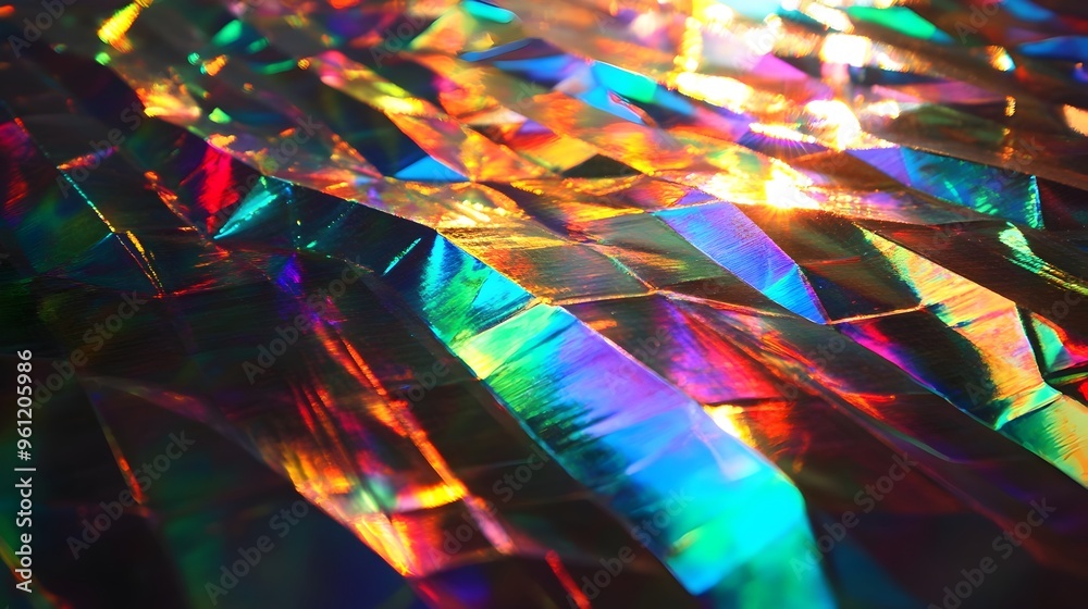 Poster mesmerizing holographic surface reflecting a kaleidoscope of vibrant rainbow like patterns under dir
