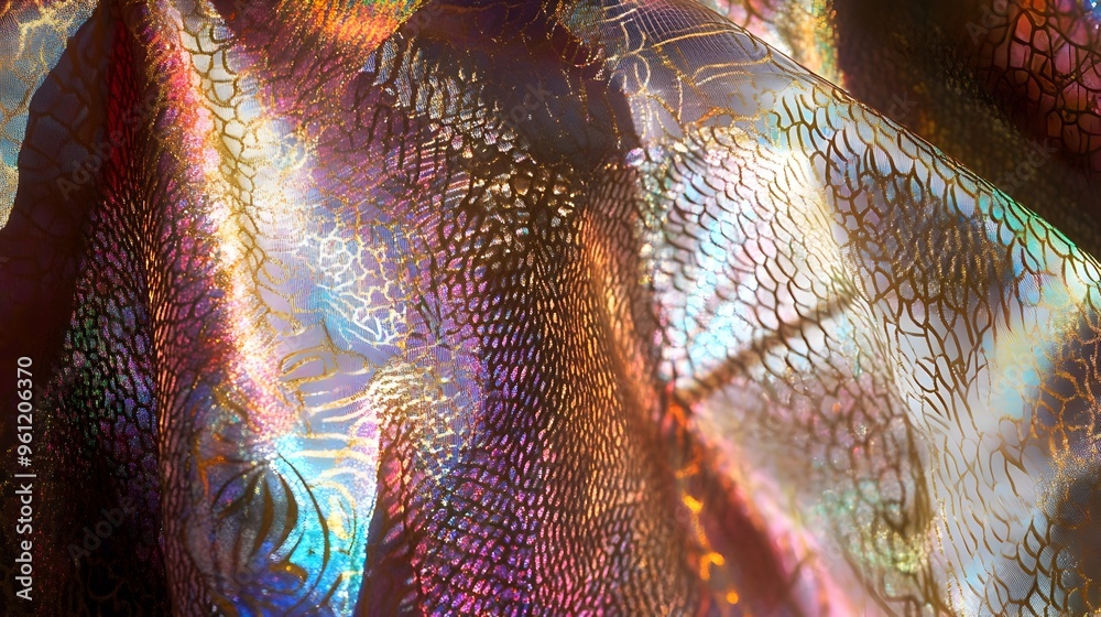Poster mesmerizing holographic fabric with intricate prismatic patterns that reflect light in dynamic and c