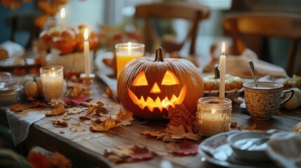 Cozy Autumn Table Setting with Glowing Jack-o'-Lantern, Candles, and Seasonal Decoration