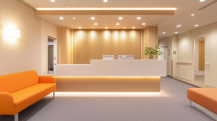 オレンジの光が明るい広々とした待合室