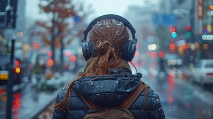Obraz premium A young woman walks through a snowy city street, lost in music amidst the winter hustle of urban life. Generative AI