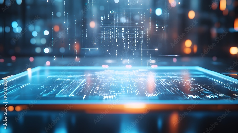 Poster holographic display panel with digital data and information floating in mid air showcasing a futuris