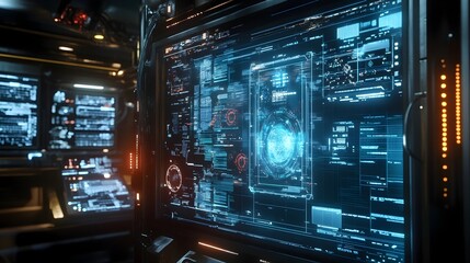 Obraz premium Futuristic holographic display panel showcasing dynamic digital information suspended in mid air representing technological innovation and advanced data visualization