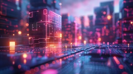 Fototapeta premium Futuristic cityscape illuminated by vibrant neon light at dusk, teeming with digital energy and innovation. Generative AI