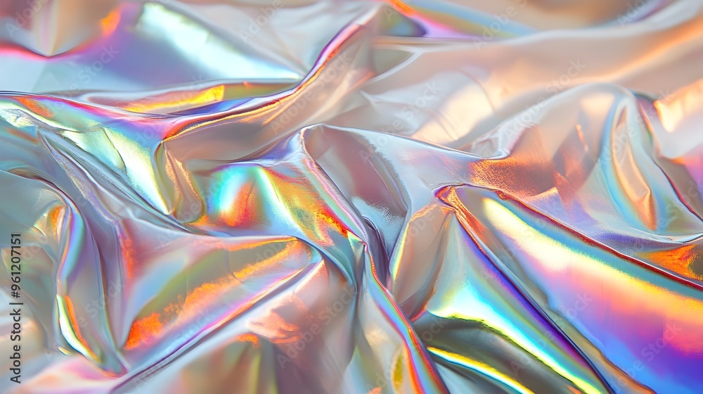 Poster a captivating digital composition showcasing a holographic material draped in soft fluid folds that 