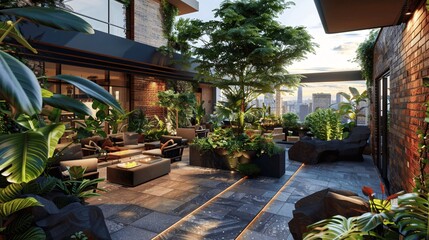 Obraz premium Modern Rooftop Terrace with City View and Lush Greenery