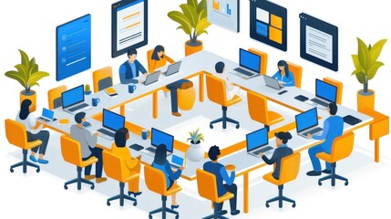 Collaborative team meeting in a modern office space with vibrant decor and digital presentations in action. Generative AI