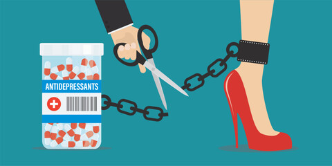 Human hand uses scissors and cut chain on woman leg and free her from antidepressants. Help overcome psychological problems. Stop taking medications. Success in lifestyle,