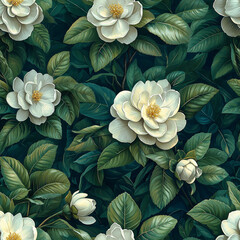 White Flowers and Green Leaves Seamless Pattern